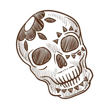 Skull with flower monochrome sketch outline in Mexican style vector. Isolated icon of skeleton decorated with floral elements, muertos culture of Mexico. Calavera spooky bone human head, gothic objectのイラスト素材