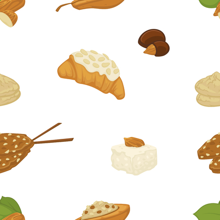 Vegan milk, dairy products and bakery sweets food vector. Seamless pattern isolated on white background, plate served with salad and sauce, hazelnut and glass with organic beverage. Healthy mealのイラスト素材