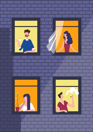 People in night windows in daily routine. Vector man or boy smoking and looking in windowのイラスト素材