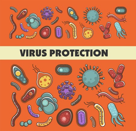 Viruses and bacteria information poster for medical healthcare infographics or bacteriology science. Vector flat design for viral disease or bacteria infection prevention and biology studyのイラスト素材