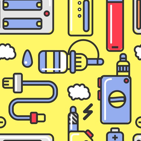 Vape devices and accessories with flavored steam seamless pattern. Alternative smoking tools and electronic cigarettes isolated cartoon vector illustration inside endless pattern on red background.のイラスト素材