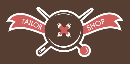 Tailor shop needles nd buttons logotype of shop vector. Textile manufacturing, custom clothes, personalized tailoring and sewing. Homemade fabrics and professional craft equipment logo isolatedのイラスト素材