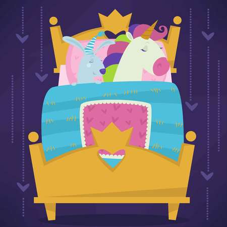 Animals sleeping in bed fairytale pets asleep set vector. Unicorn and rabbit hare. Calm mammals, lying under warm blanket together. Cute cartoon illustration.のイラスト素材