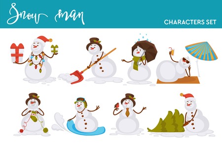 Christmas snowman Santa cartoon character icons for New Year greeting card design template. Vector isolated snowman on winter or summer holiday vacations, knitting sock and skiing on snowboardのイラスト素材