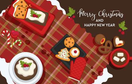 Christmas delicious traditional food on a table. Top view flat vector holidays illustration.のイラスト素材