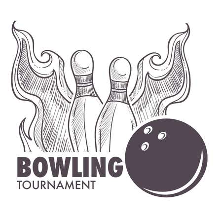 Bowling league poster with ball and skittle monochrome sketch outline vector.のイラスト素材