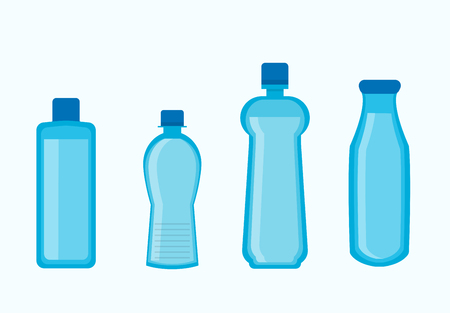Plastic water bottles collection in blue color isolated on white. Vector poster in flat design of four tall containers for liquids in various shape and size. Dish types for carrying beveragesのイラスト素材