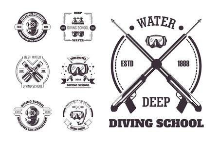 Diving school deep water promo monochrome emblems set.のイラスト素材