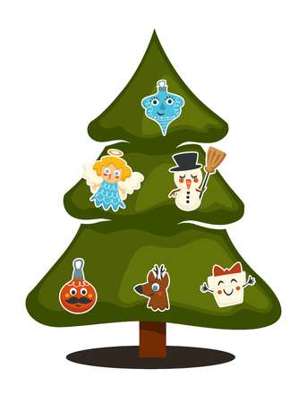 Christmas tree, evergreen pine decorated with garlands and toys vector. Spruce covered with snow, snowy fir with stars and bullfinches birds, symbols of wintertime. Winter holiday and celebrationのイラスト素材