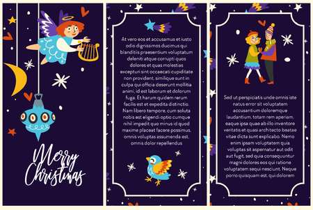 Merry Christmas posters with couple and cupid angel girl vector. Symbols of New Year, bird and baubles, moon and stars at night sky. Man and woman in love, hugging dancing together, happy partnersのイラスト素材