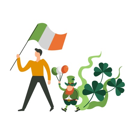 Saint Patrick day parade, public holiday, man marching holding irish flag, leprechaun gnome with three balloons, green, white and orange, three shamrocks, floral greenery motif, colorful flat concept vector illustrationのイラスト素材