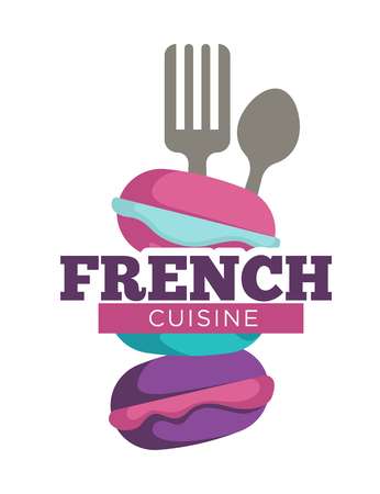 French cuisine traditional meal of people, isolated logo vector. Macaroons of different colors, spoon and fork cutlery. Eating dieting, sweet dishes with high sugar content, baked food cookiesのイラスト素材