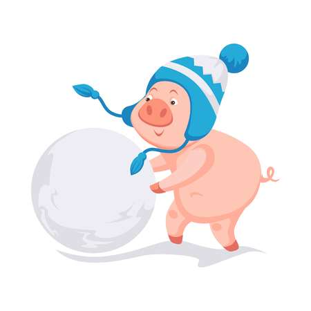 Pig symbol of 2019 new year making big ball of snowのイラスト素材
