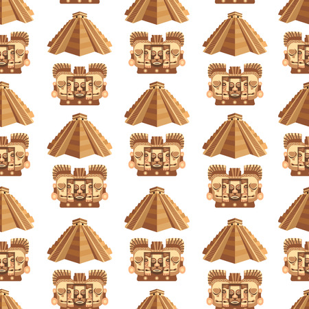Maya traditional attributes and ancient priceless relics seamless pattern. Old pyramids, sharp spear, solid shield, authentic headdress, human skull, wooden totem and archaeological finds vector illustrations.のイラスト素材