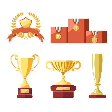 Awards of champion golden cup or goblet prize, winner medal with star or champion laurel ribbon and victory pedestal. Vector isolated badge icons setのイラスト素材