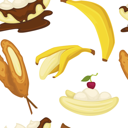 Desserts types, banana with peel and bread bakery seamless pattern vector. Cakes and chocolate topping, pancakes and bowl with cereals. Sweet dumplings, baked food with cherry berry isolated mealのイラスト素材