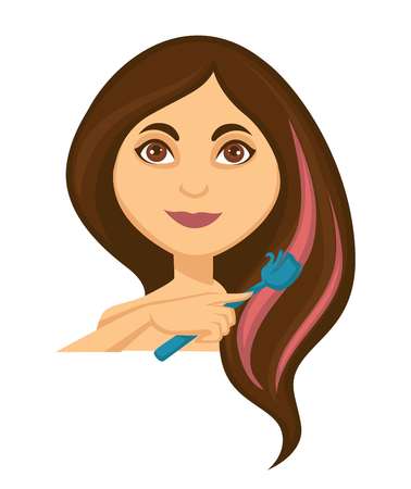 Young smiling dark haired woman dying, coloring her long hair red, applying color with the brush, beauty routine themed cartoon, flat concept vector illustration on white backgroundのイラスト素材