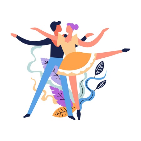 Dance classes, dancing pair hobby of man and woman vector. Pastime of people, romantic activity of couple, partners in movements, learning new styles and techniques. Foliage and leaves decorのイラスト素材