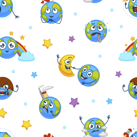 Earth planet expressing emotions emojis seamless pattern vector. Angry and sad, confused and happy, furious and puzzled globe, temperature thermometer measurement. Dancing with moon emoticonのイラスト素材