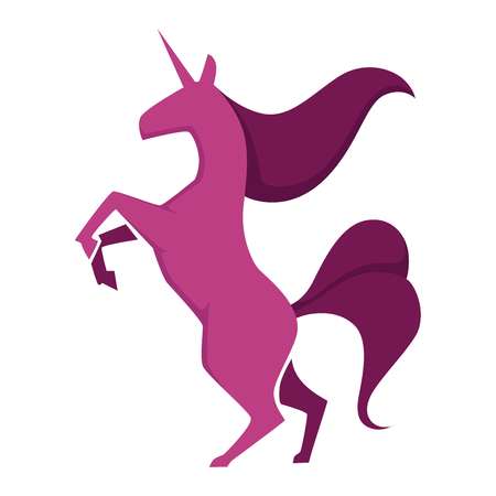 Unicorn with wings and pink tail and mane. Pegasus mythological fantastic creature able to fly, stars on horse having fringe. Stallion isolated on purple circle background vector illustrationのイラスト素材