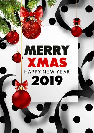 Merry Christmas and happy new year 2019 festive poster with fur tree branches and ribbons. Vector Illustrationのイラスト素材