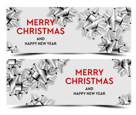 Merry Christmas banners poster template sale discount promo offer poster advertising flyer and coupon. Vector design of silver gift bows on sparkling glitter backgroundのイラスト素材