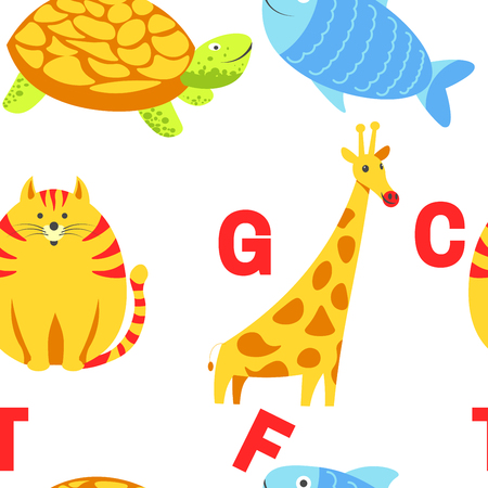 Alphabet animals and letters study material for children vector. U for unicorn, dog and hedgehog, mouse and cat, fish and turtle, snail and alligator. Seamless pattern with abc for small kids to learnのイラスト素材