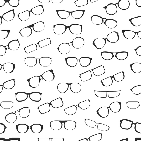 Eyesight glasses with various styles of plastic framing isolated cartoon flat vector seamless pattern illustrations set on white background. Fashionable facial male and female accessory for vision improvement.のイラスト素材
