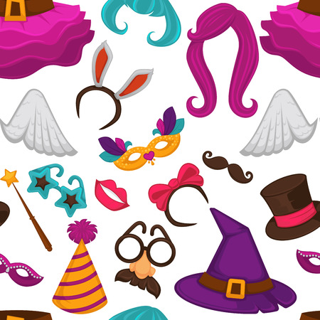 Carnival masks and costume accessories seamless pattern. Vector flat icons set of birthday party carnival mask, witch hat and wig, angel wings or funny nose or mustache glasses, bunny ears and magic hatのイラスト素材