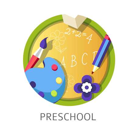 Preschool disciplines to children abc and drawing lessons vector palette with different paints and pencil eraser and flower handdrawn by kid alphabet and art studies in kindergarten before schoolのイラスト素材