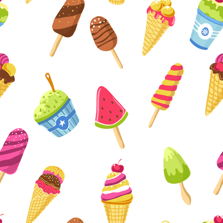 Ice cream with different tastes and shapes tasty food refreshing in summer vector watermelon and chocolate flavour cherry and kiwi yummy meal on stick frozen milk and ingredients sweet fruitsのイラスト素材