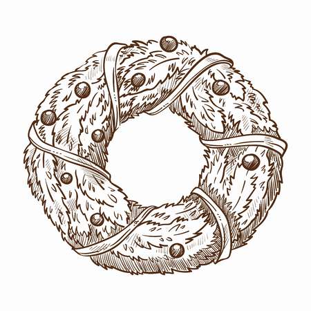 Wreath circle made of mistletoe and tied with ribbon vector monochrome sketch outline of symbolic Christmas and new year plant with tape leaves and berries of vegetation holiday decoaion on xmasのイラスト素材
