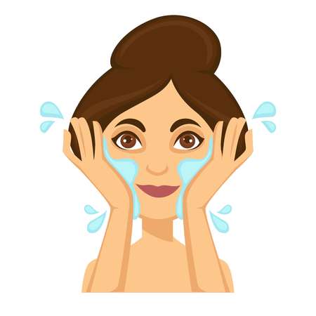 Young smiling dark haired woman washing her face with water, doing daily beauty routine, cartoon, flat concept vector illustration on white backgroundのイラスト素材