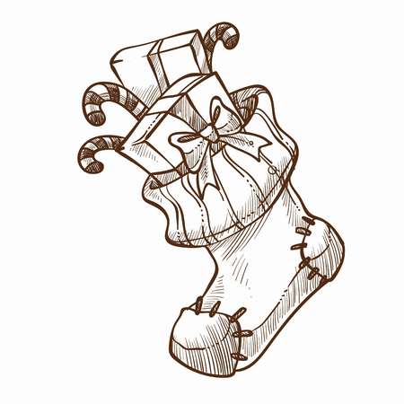 Sock with patches filled with presents and candies vector monochrome sketch outline of gifts decorated with bows and ribbons wrapped with paper candy sticks lollipop with stripped print sweetsのイラスト素材