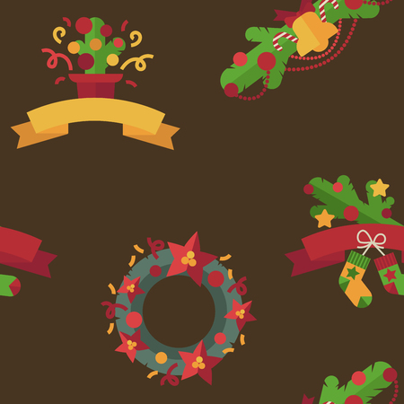 Merry Christmas and happy new year flat decoration design elements. Holidays vector seamless patternのイラスト素材