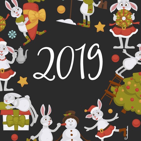 2019 New year celebration approaches, winter characters and symbols vector. Bunny animal skating on ice, presents and gifts, snowman with carrot nose. Fir decoration by rabbit wearing costumeのイラスト素材