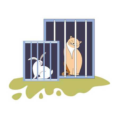 Animal shelter kitty and bunny sitting in cages vector cat and rabbit homeless pets in containers domestic mammals hare and kitten with smile on muzzle adoption of new friend volunteering careのイラスト素材