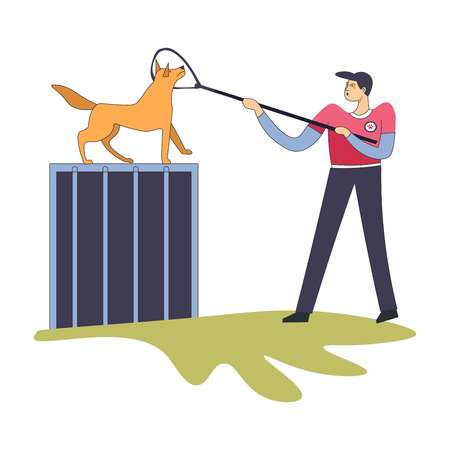 Workman catching homeless dog with help of long wooden poleのイラスト素材