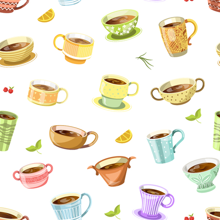 Coffee or tea poured in cup seamless pattern vector. Mug with drink, cherry berry with leaves. Cafeteria with americano and latteのイラスト素材