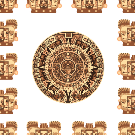 Maya traditional attributes and ancient priceless relics seamless pattern. Old pyramids, sharp spear, solid shield, authentic headdress, human skull, wooden totem and archaeological finds vector illustrations.のイラスト素材