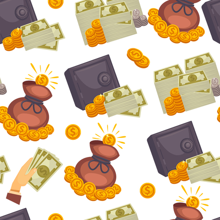 Money USD cash, American dollar banknotes and coins seamless pattern isolated on white background vector. Pig and savings of people, bag filled with treasure, business affairs in financial fieldのイラスト素材