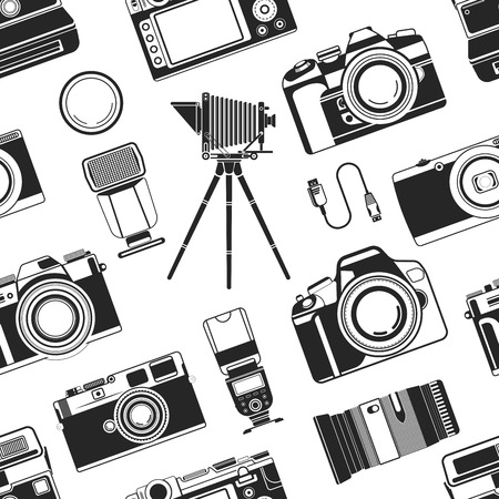 Camera photograph, portable old style apparatus equipment for photographers seamless pattern vector. Monochrome icons of optical lens and objectives for making good photo. Photography art andのイラスト素材