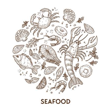 Seafood cuisine restaurant poster or dish menu design template. Vector clue circle with seafood lobster crab, shrimp prawn or fish and oyster, salmon and octopus with cooking spicesのイラスト素材