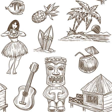 Hawaii travel sketch pattern background. Vector seamless tropical exotic design of Hawaiian symbols Honolulu aloha dancer with guitar, coconut and tribal mask or hut on palm beachのイラスト素材
