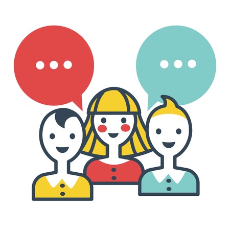 Voters thinking people ready to speak out ideas vector isolated icon in flat style of woman and man with thought bubbles chatting people on elections female and males meeting conference votingのイラスト素材