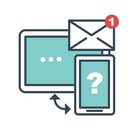 Helping service messages email chatting with operators isolated icon in flat style vector computer screen and smartphone synchronization and data storage savings question on cell phone monitorのイラスト素材