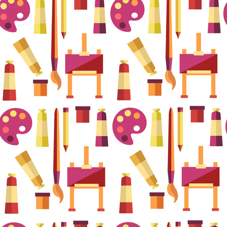Craft tools and handmade instruments, hobby items vector. Seamless pattern with sewing machine, needles and threads in ball. Knitting and tailoring, painting with brushes and making origami piecesのイラスト素材
