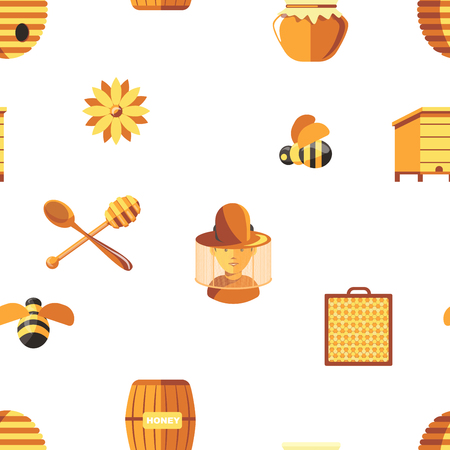 Honey and bees, beekeeper wearing protective suit seamless pattern isolated on white vector. Hive apiary, hobby of male, apiculture working, pot with product, farming and agriculture industryのイラスト素材