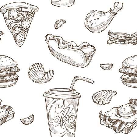 Fast food sketch pattern background. Vector seamless design of cheeseburger, hamburger burger and hot dog sandwich, pizza and ice cream or donut dessert and drinksのイラスト素材