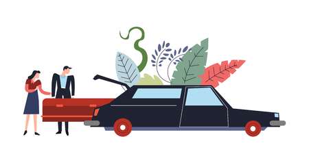 Funeral service ceremony of dead person burial people with coffin vector car transporting corpse deceased human in wooden casket mourning man and woman and transport foliage and leaves decorのイラスト素材